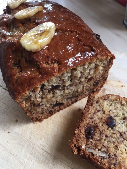 Banana Date & Walnut cake, baked and sliced