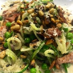 Courgetti with Bacon, Pine-nuts & Peas