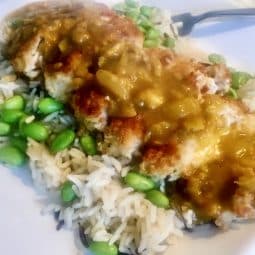 A plated dish of a breadcrumbed chicken breast fillet serve on a bed of rice with Katsu Sauce over the chicken