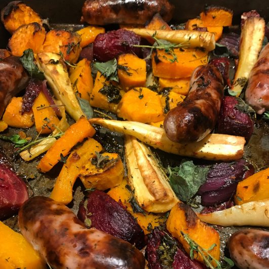 Roasted Beets, Squash, Sweet Potatoes & Sausages