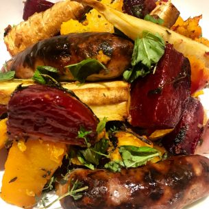 Sausage Tray Bake with Beetroot & Squash