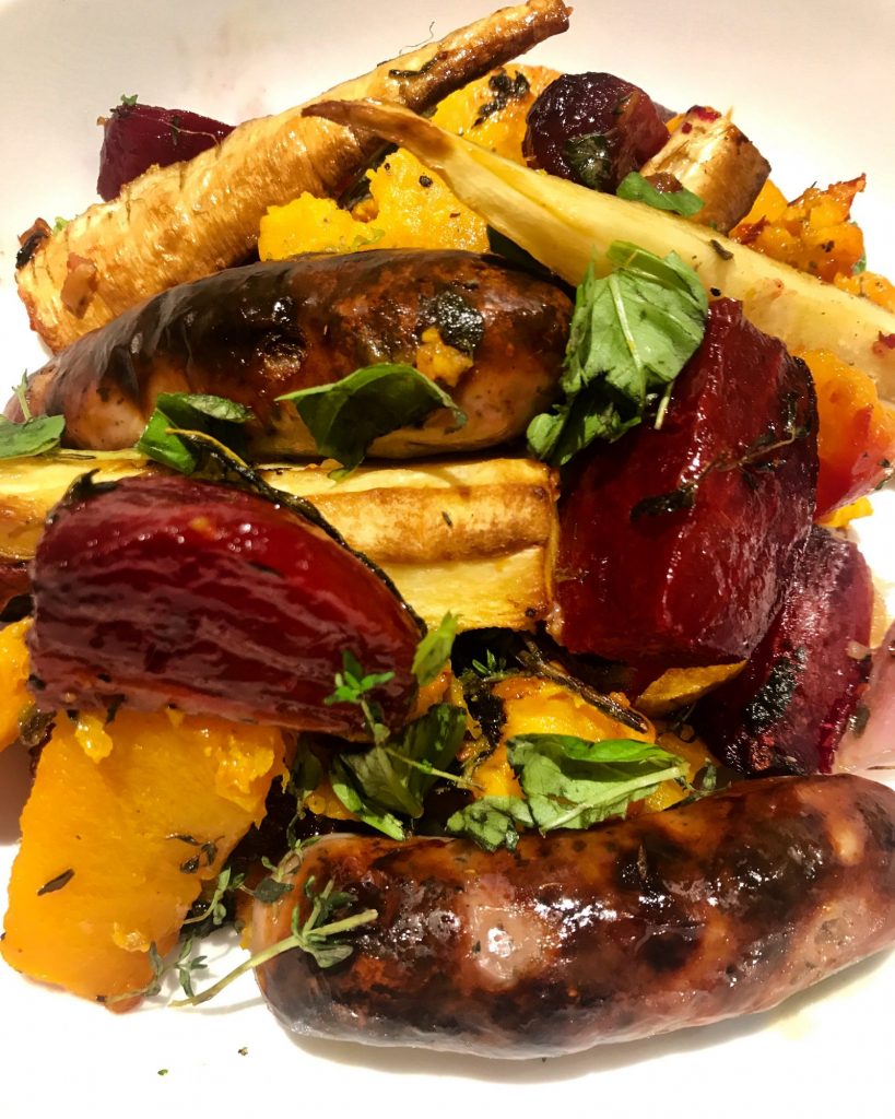 Roasted Beets, Squash, Sweet Potatoes & Sausages