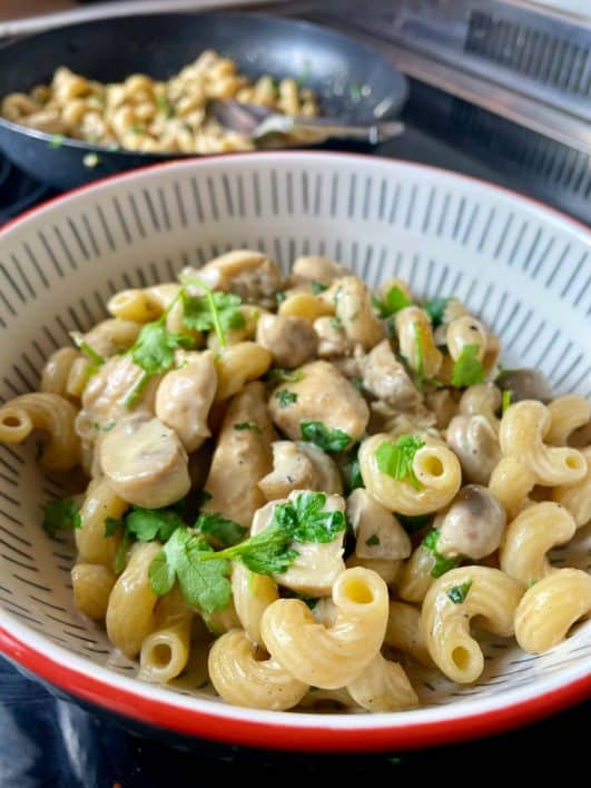 Chicken & Mushroom Pasta - served in a bowl, finished dish