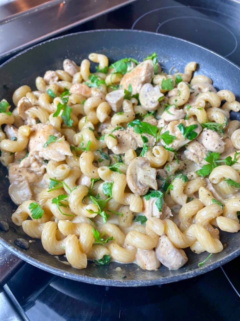 Finished Chicken & Mushroom Pasta, shown in the frying pan