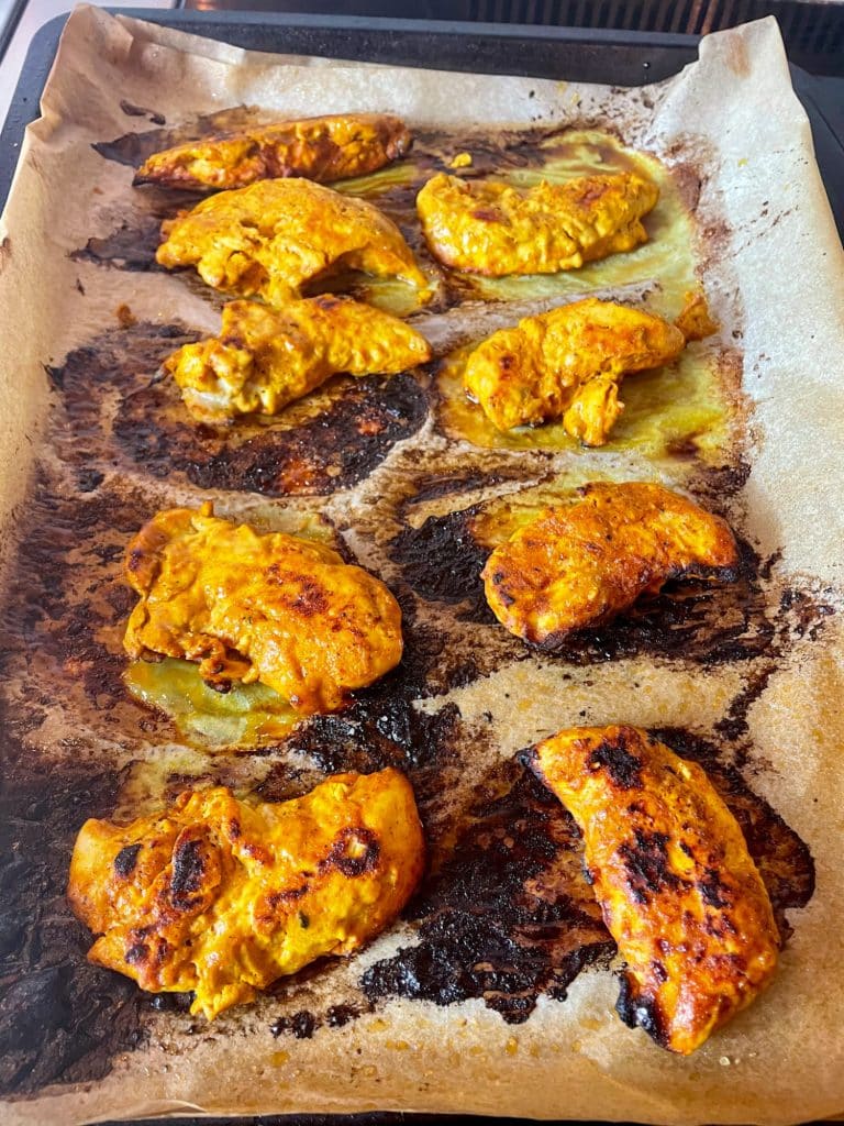 Tandoori Chicken, fillets baked on a sheet pan