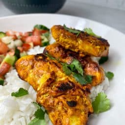 Tandoori Chicken, slimming style, served with rice & salad