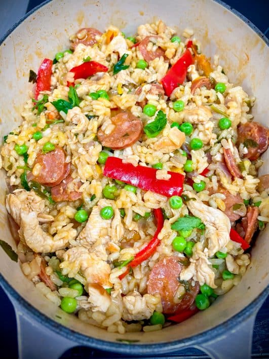 Chicken & chorizo paella, cooked in pan