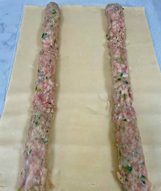 Easy Sausage Rolls, showing sausage meat