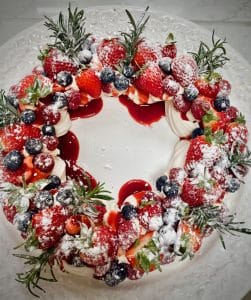 Christmas Wreath Pavlova - full view of a beautiful festive dessert