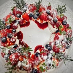 Christmas Wreath Pavlova - full view of a beautiful festive dessert