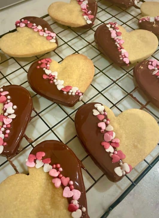 Finished chocolate coated shortbread heart biscuits for Valentines Day