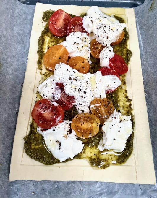 Tomato pesto m& burrata tart unbaked