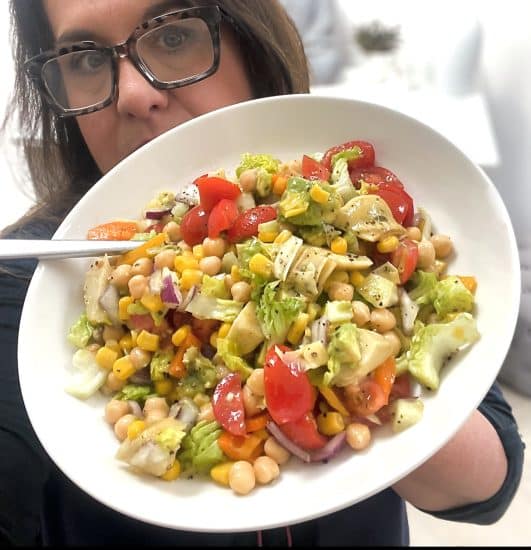 Chickpea Salad with sweetcorn avocado and artichokes