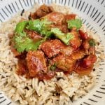 A bowl of served Slow cooker beef curry with rice