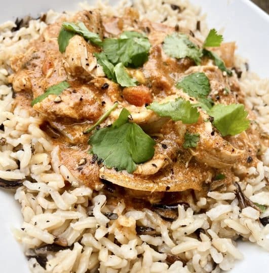 Bowl of chicken curry served on rice