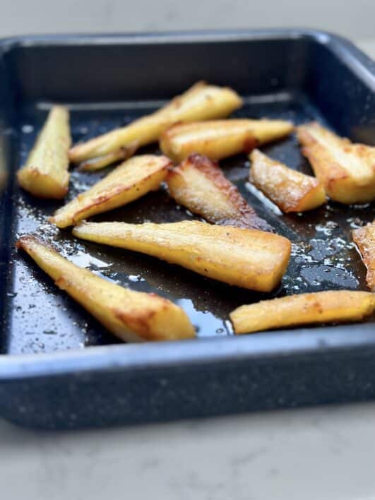 Honey Roasted Parsnips in the tray 