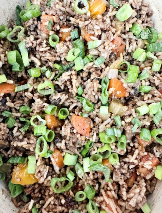 A pan full of Cajun Dirty Rice