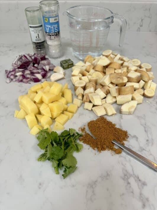 all ingredients laid out for parsnip soup