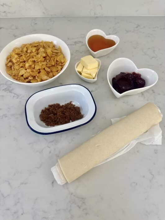 Ingredients laid out for cornflake tart 