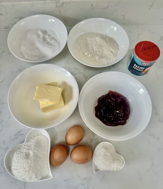 Ingredients laid out for Jam & Coconut Loaf 