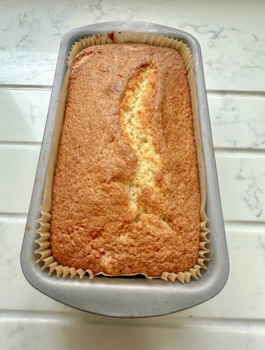 Coconut Loaf Cake baked in loaf tin 