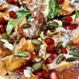 Sweet Potato salad with pomegranate & pumpkin seeds - up close