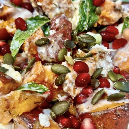 Sweet Potato salad with pomegranate & pumpkin seeds - up close