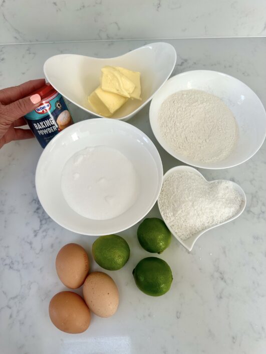 All the ingredients laid out for the lime & Coconut Loaf 