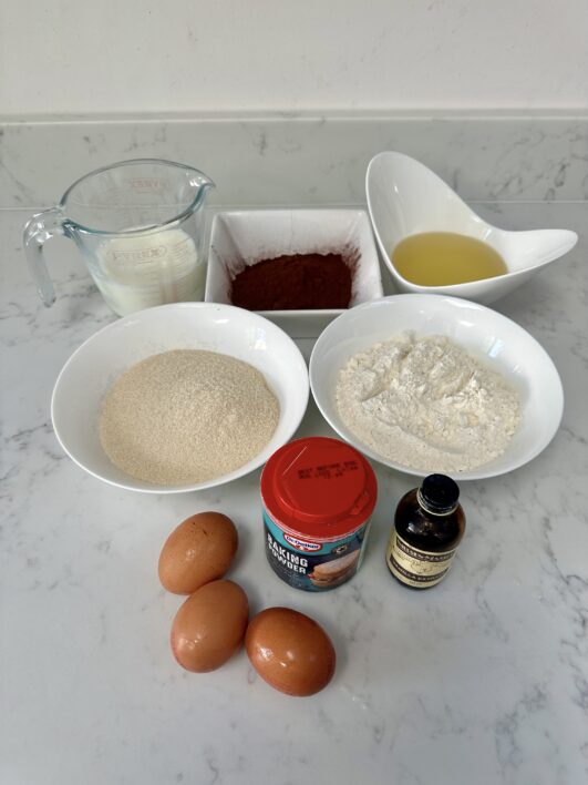 Ingredients for chocolate tray bake weighed out 