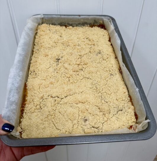 Full tray of baked lemon shortbread