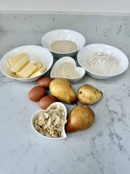 Ingredients laid out for pear cake 